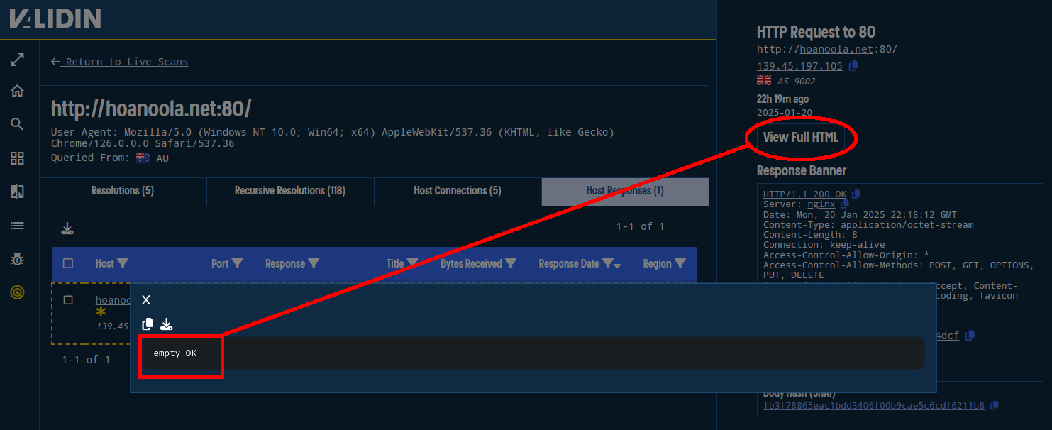 Figure 13. The text “empty OK” as the response to a reported ApateWeb domain.