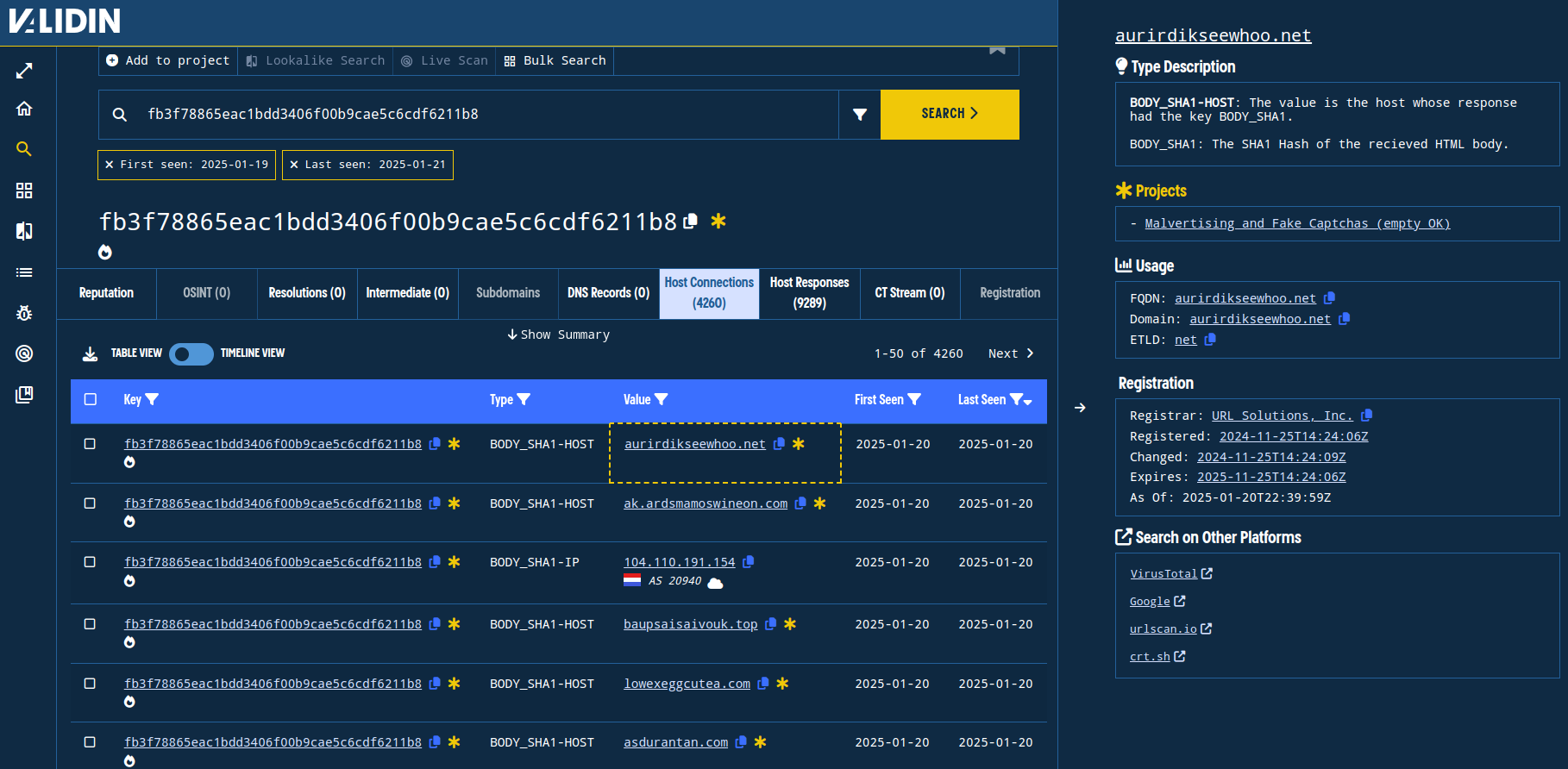 Figure 14. Pivoting off of the HTTP response hash to find similarly-configured domain names. Note the registrar is URL Solutions, Inc.