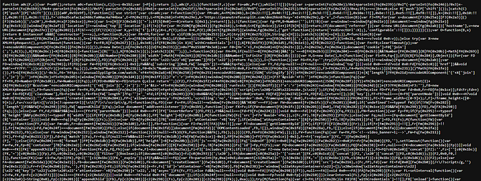 Figure 6. You can tell by the many occurrences of encodeURIComponent and sequences like ‘\x22’. While not inherently indicative of malicious behavior, they’re a good indicator of nefarious obfuscation.