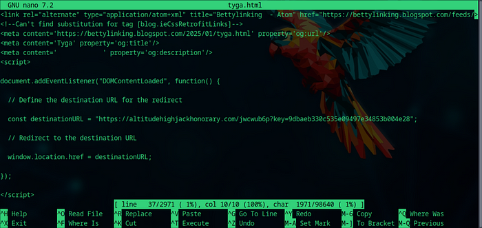 Figure 2. Very simple JavaScript redirector code, embedded on the site. Full code here.