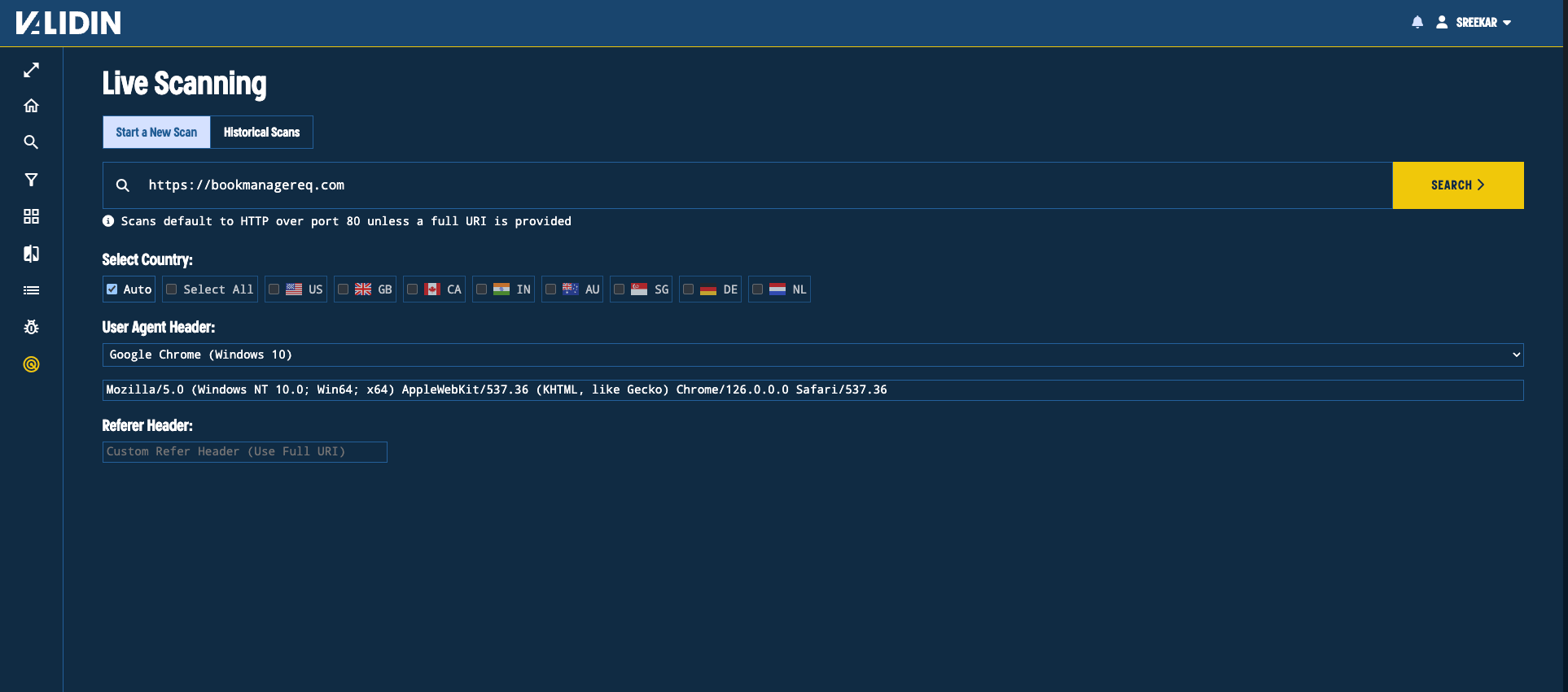 Figure 11. Starting a live scan for the domain bookmanagereq.com Figure 11. Starting a live scan for the domain bookmanagereq.com