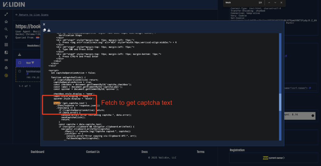 Figure 13. The domain HTML includes a fetch request to /get_captcha_text. Figure 13. The domain HTML includes a fetch request to /get_captcha_text.