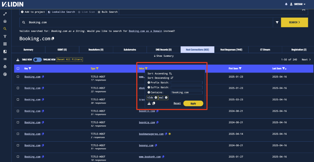 Figure 4. Value Filter to exclude domains that are actually Booking.com domains Figure 4. Value Filter to exclude domains that are actually Booking.com domains