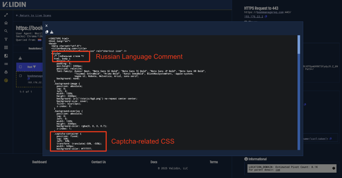 Figure 12. CSS for this domain with a Russian language comment and Captcha-themed CSS. Figure 12. CSS for this domain with a Russian language comment and Captcha-themed CSS.