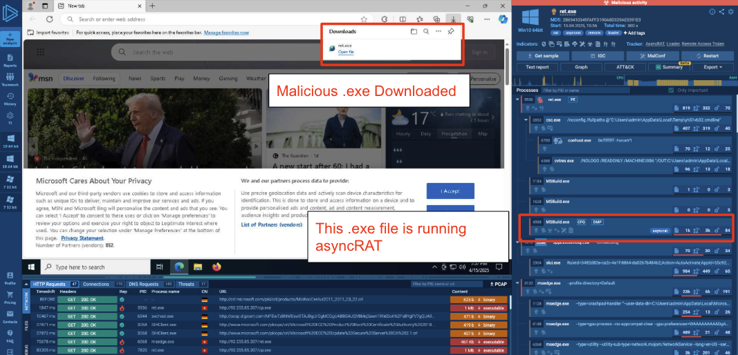 Figure 17. Running this executable in the sandbox shows that it downloads additional payloads from the IP and installs the trojan AsyncRAT. Figure 17. Running this executable in the sandbox shows that it downloads additional payloads from the IP and installs the trojan AsyncRAT.