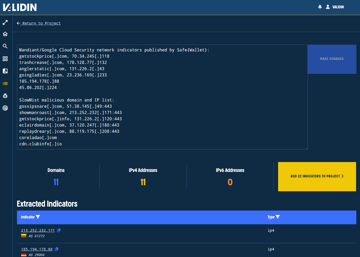 Figure 2. Adding the 11 unique domains and 11 unique IPs attributed with the Bybit hack, extracted from copy-and-pasted text.