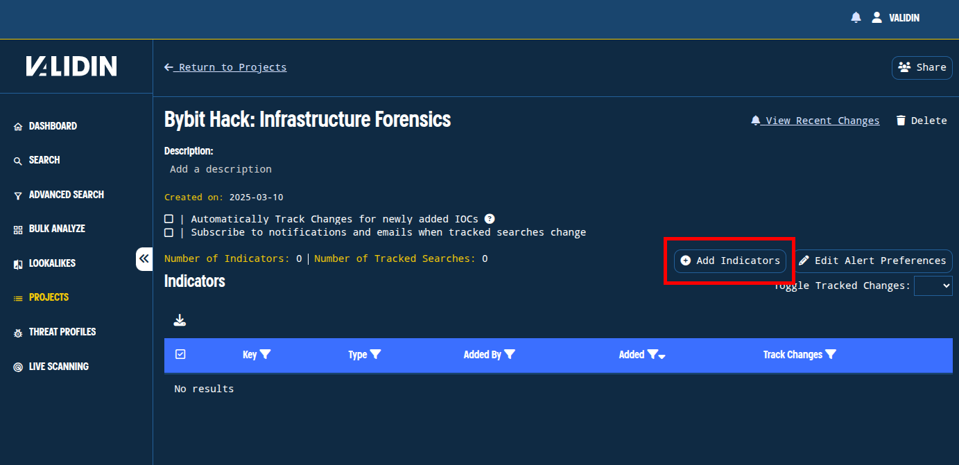 Figure 1. A new project, created for tracking and expanding indicators attributed to the Bybit hack.