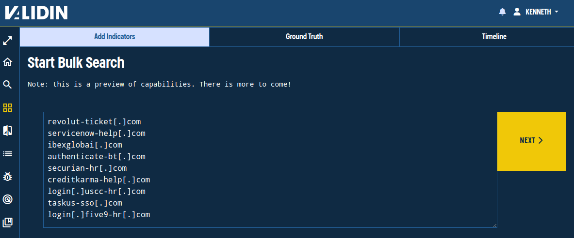 Pasting defanged domains into Validin’s bulk search workflow.