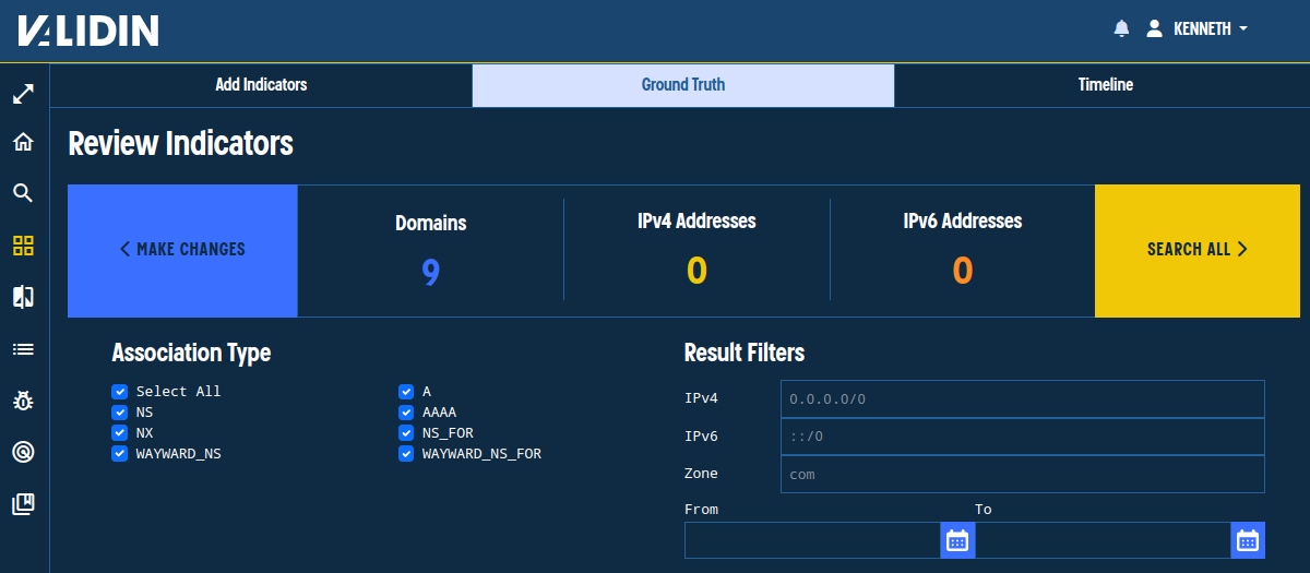 Reviewing the indicators extracted by Validin’s bulk search tool.