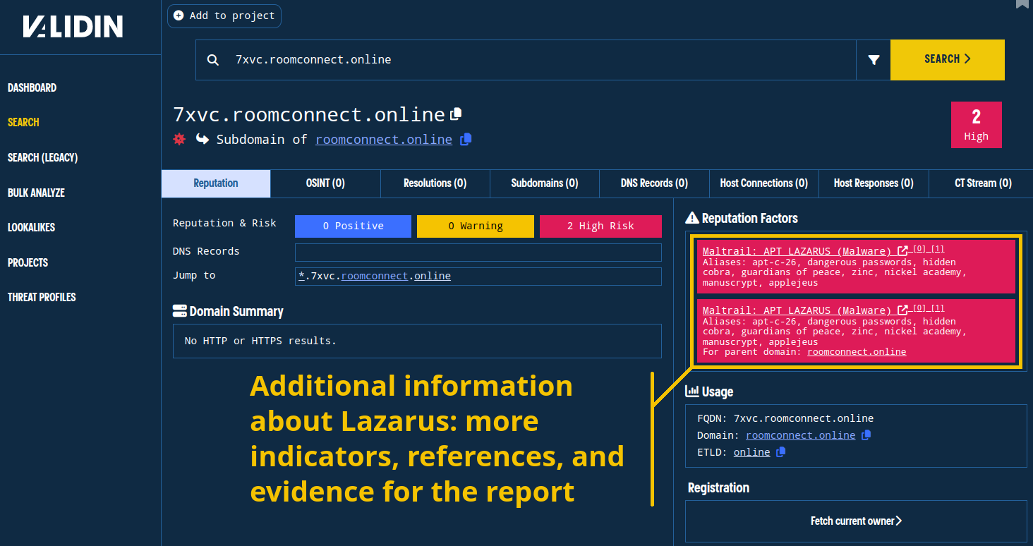 Searching for the initial indicator in Validin shows relevant information about Lazarus Group.