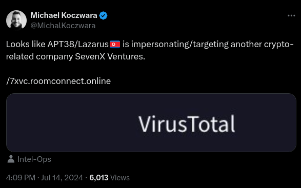 Tweet by Michael Koczwara reporting a recent Lazarus finding