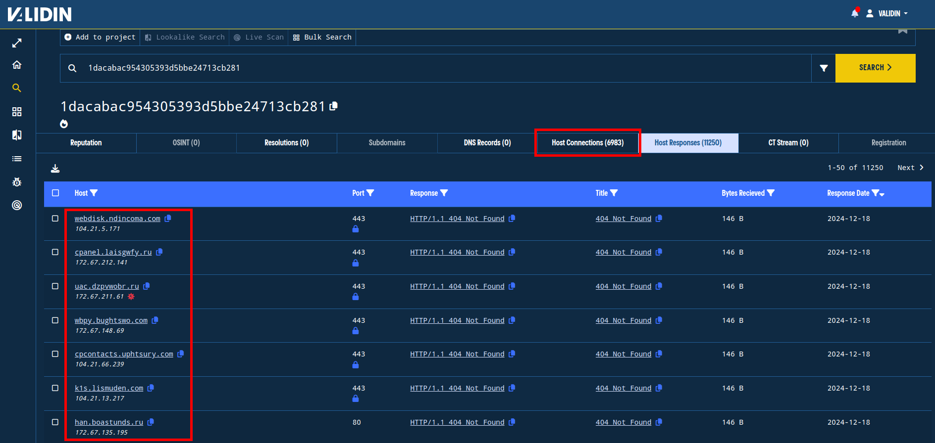 Figure 25 - Showing all of the domain names in Validin that share the banner hash.