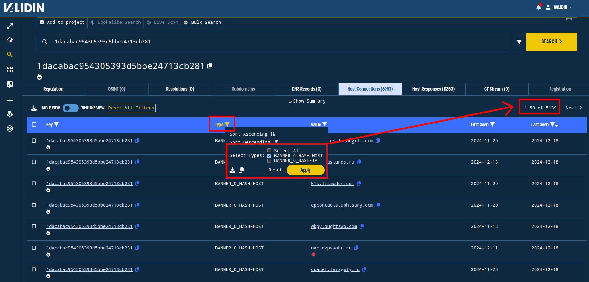 Figure 26 - Filtering out the IP addresses to get a list of candidate domain names in Validin for Typhoon 2FA.