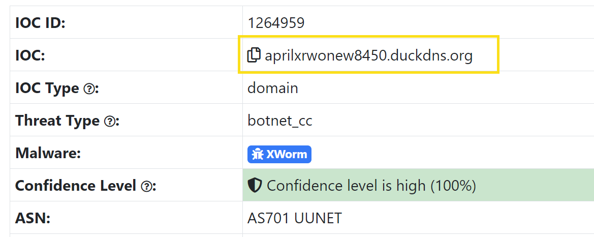 ThreatFox shows details about this domain name indicator for XWorm.