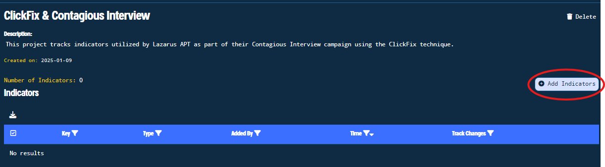 Figure 10. Adding Indicators to Project Menu