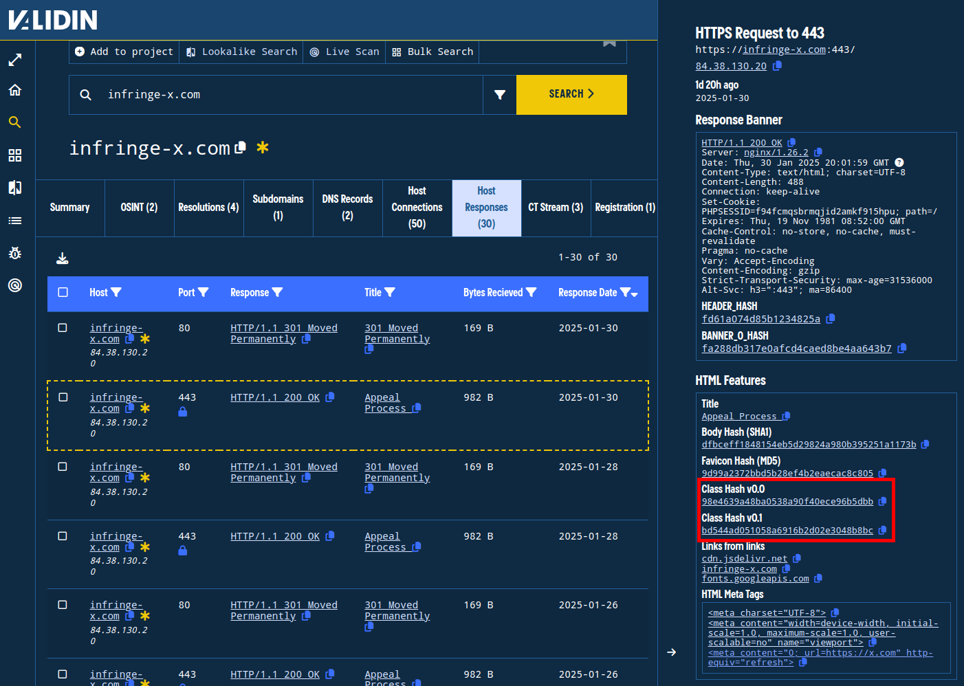 Figure 16. Identifying CLASS hashes in the host responses.