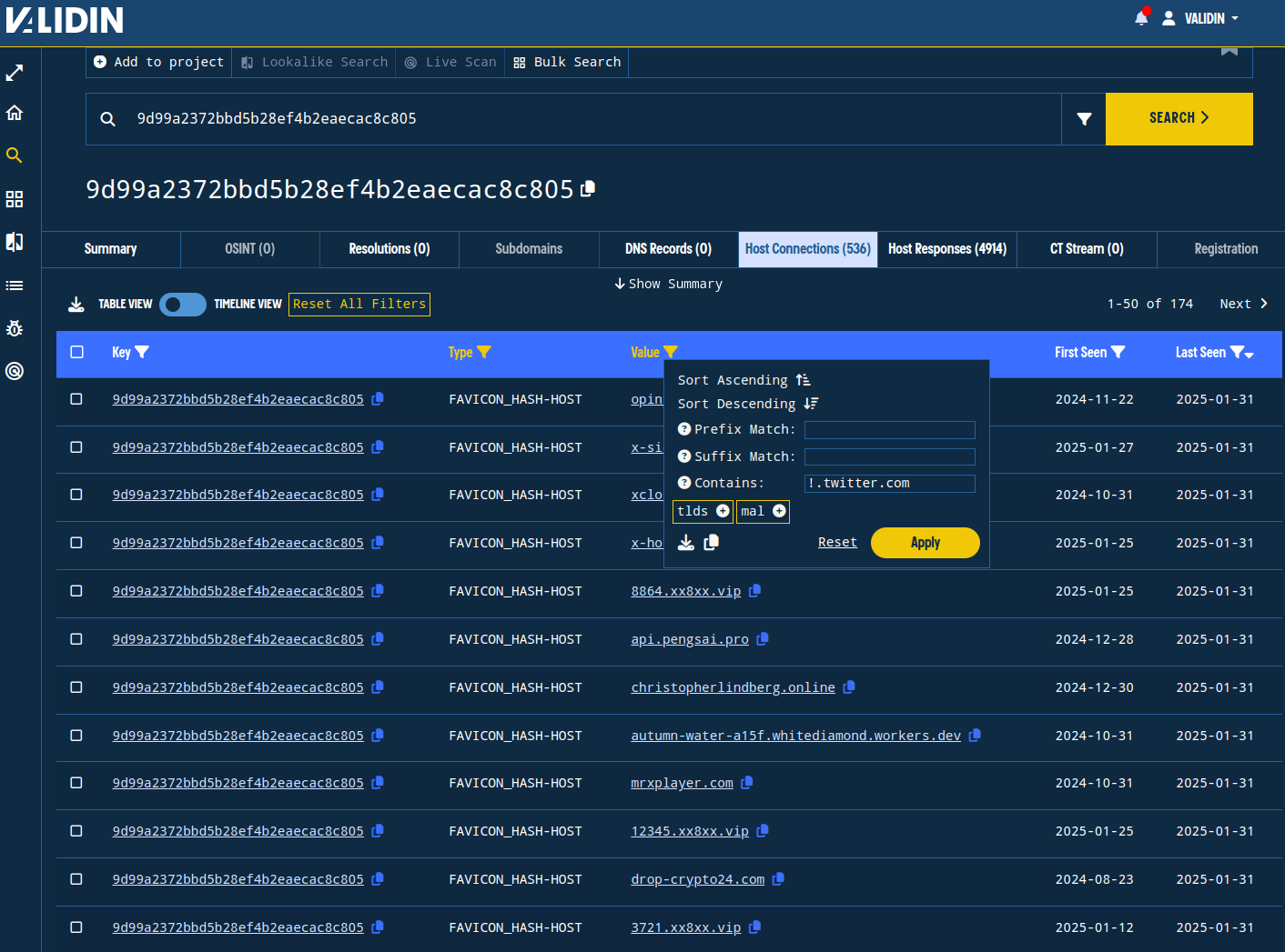 Figure 14. Applying a table value filter to remove twitter domains from the results.